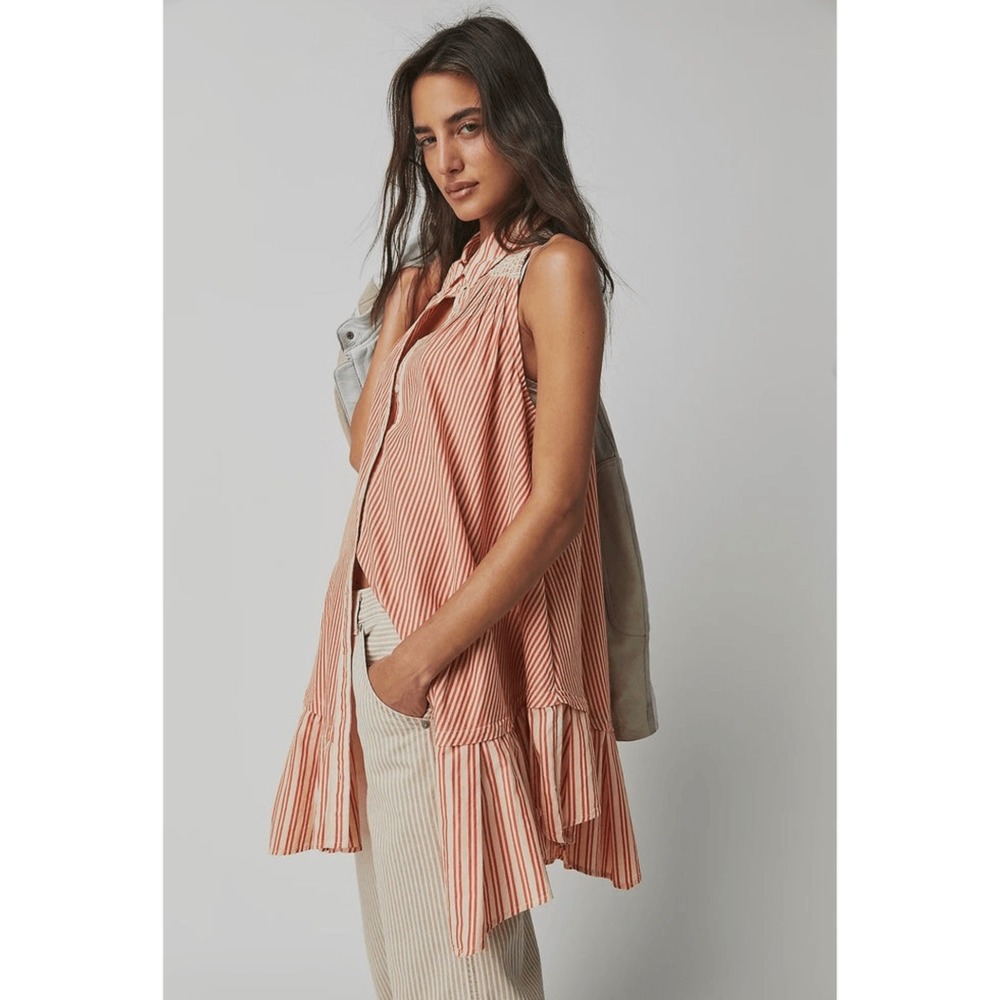 Free People Sleeveless Striped Ruffle Mini Dress Orange Cream Cotton Small NEW - Picture 2 of 11